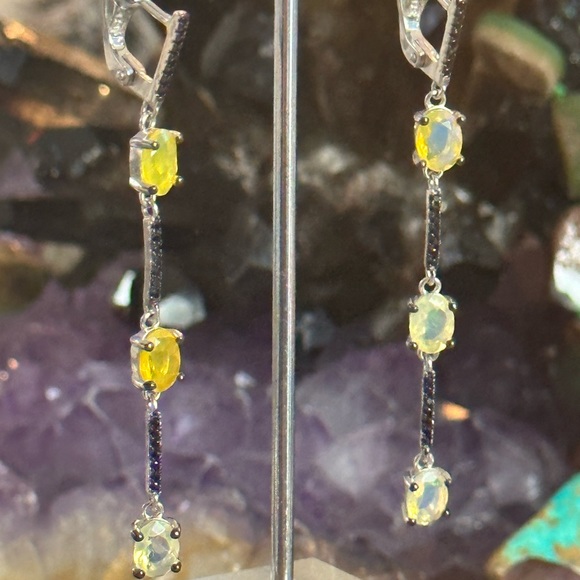 Faceted fire opals black spinel sterling silver long earrings - Picture 4 of 10